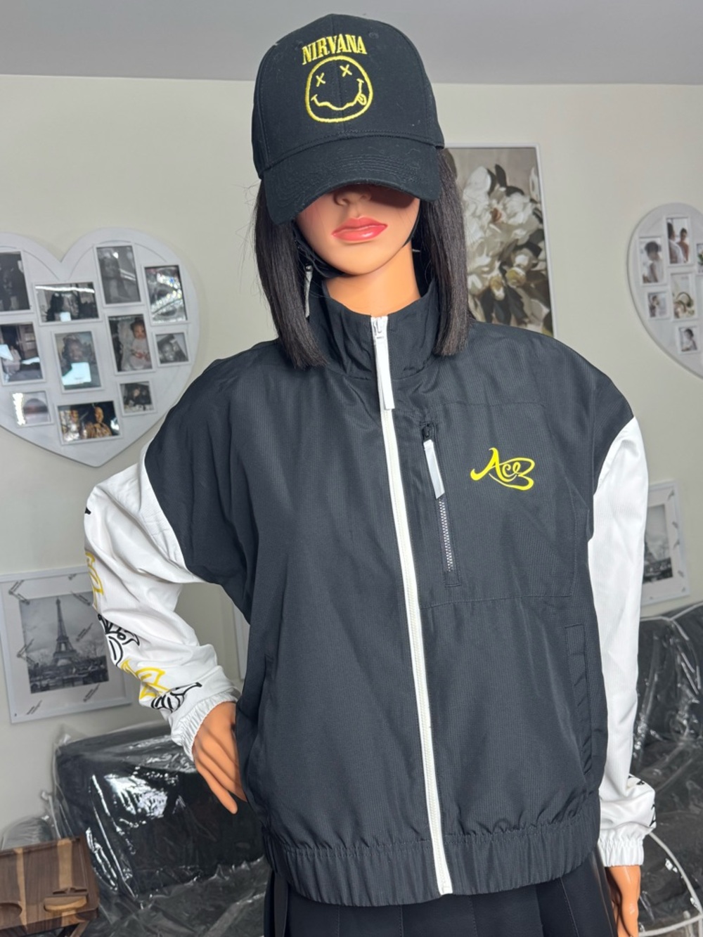 Adidas Black White Bomber Jacket Activewear Streetwear Gym Zip Logo Sporty